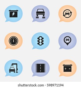 Set Of 9 Editable Traffic Icons. Includes Symbols Such As Vehicle Wash, Accumulator, Stoplight And More. Can Be Used For Web, Mobile, UI And Infographic Design.