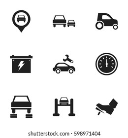 Set Of 9 Editable Traffic Icons. Includes Symbols Such As Auto Repair, Race, Speed Control And More. Can Be Used For Web, Mobile, UI And Infographic Design.