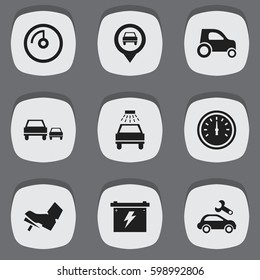 Set Of 9 Editable Traffic Icons. Includes Symbols Such As Treadle, Battery, Race And More. Can Be Used For Web, Mobile, UI And Infographic Design.