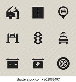 Set Of 9 Editable Traffic Icons. Includes Symbols Such As Battery, Stoplight, Highway And More. Can Be Used For Web, Mobile, UI And Infographic Design.
