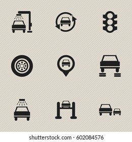 Set Of 9 Editable Traffic Icons. Includes Symbols Such As Tire, Vehicle Wash, Auto Repair And More. Can Be Used For Web, Mobile, UI And Infographic Design.