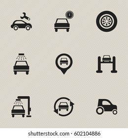 Set Of 9 Editable Traffic Icons. Includes Symbols Such As Car Lave, Vehicle Car, Tire And More. Can Be Used For Web, Mobile, UI And Infographic Design.