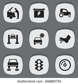 Set Of 9 Editable Traffic Icons. Includes Symbols Such As Auto Service, Car Fixing, Automobile And More. Can Be Used For Web, Mobile, UI And Infographic Design.
