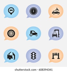 Set Of 9 Editable Traffic Icons. Includes Symbols Such As Vehicle Wash, Speed Control, Stoplight And More. Can Be Used For Web, Mobile, UI And Infographic Design.