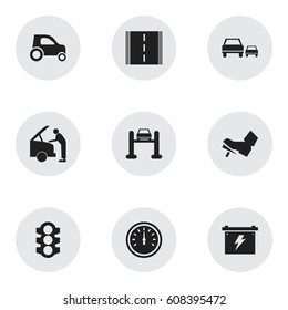 Set Of 9 Editable Traffic Icons. Includes Symbols Such As Auto Service, Car Fixing, Stoplight And More. Can Be Used For Web, Mobile, UI And Infographic Design.