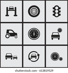 Set Of 9 Editable Traffic Icons. Includes Symbols Such As Tuning Auto, Race, Automobile And More. Can Be Used For Web, Mobile, UI And Infographic Design.
