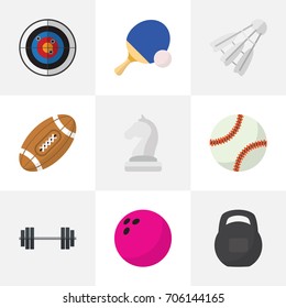 Set Of 9 Editable Training Flat Icons. Includes Symbols Such As Glob, Kegling, Tennis And More. Can Be Used For Web, Mobile, UI And Infographic Design.