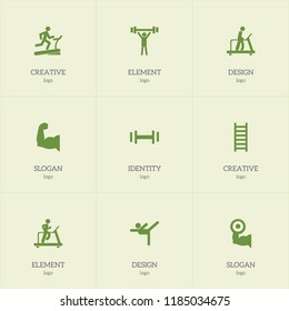 Set of 9 editable training icons. Includes symbols such as man on treadmill, running man on treadmill, male in running machine and more. Can be used for web, mobile, UI and infographic design.