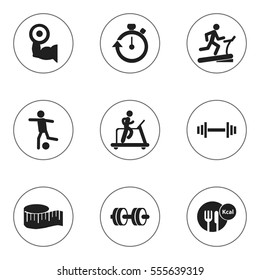 Set Of 9 Editable Training Icons. Includes Symbols Such As Cloth Ruler, Football, Racetrack Training And More. Can Be Used For Web, Mobile, UI And Infographic Design.