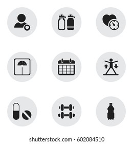 Set Of 9 Editable Training Icons. Includes Symbols Such As Fitness Drink, Pill, Sport Water And More. Can Be Used For Web, Mobile, UI And Infographic Design.