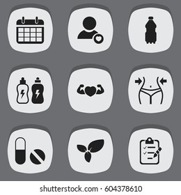 Set Of 9 Editable Training Icons. Includes Symbols Such As Sport Water, Plant, Pill And More. Can Be Used For Web, Mobile, UI And Infographic Design.