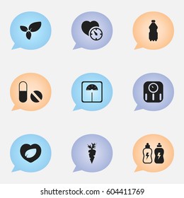 Set Of 9 Editable Training Icons. Includes Symbols Such As Plant, Leaf In Heart, Energetic Beverage And More. Can Be Used For Web, Mobile, UI And Infographic Design.