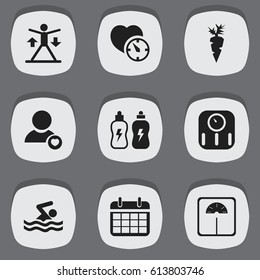Set Of 9 Editable Training Icons. Includes Symbols Such As Energetic Beverage, Date Plan, Training And More. Can Be Used For Web, Mobile, UI And Infographic Design.