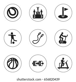 Set Of 9 Editable Training Icons. Includes Symbols Such As Training Bike, Basket Play, Jump Training And More. Can Be Used For Web, Mobile, UI And Infographic Design.