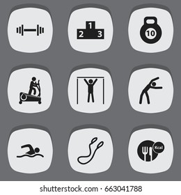 Set Of 9 Editable Training Icons. Includes Symbols Such As Crossbar, Platform For Winner, Jump Training And More. Can Be Used For Web, Mobile, UI And Infographic Design.