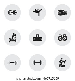 Set Of 9 Editable Training Icons. Includes Symbols Such As Crossbar, Barbell, Platform For Winner And More. Can Be Used For Web, Mobile, UI And Infographic Design.