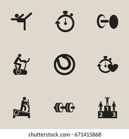 Set Of 9 Editable Training Icons. Includes Symbols Such As Strength, Competition, Instruction Male And More. Can Be Used For Web, Mobile, UI And Infographic Design.