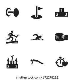 Set Of 9 Editable Training Icons. Includes Symbols Such As Flag, Strength, Training Pool And More. Can Be Used For Web, Mobile, UI And Infographic Design.