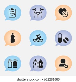 Set Of 9 Editable Training Icons. Includes Symbols Such As Profile, Swimming, Stopwatch And More. Can Be Used For Web, Mobile, UI And Infographic Design.