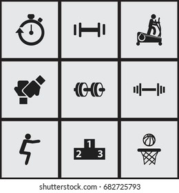 Set Of 9 Editable Training Icons. Includes Symbols Such As Platform For Winner, Stopwatch, Crossbar And More. Can Be Used For Web, Mobile, UI And Infographic Design.