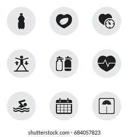 Set Of 9 Editable Training Icons. Includes Symbols Such As Leaf In Heart, Swimming, Date Plan And More. Can Be Used For Web, Mobile, UI And Infographic Design.
