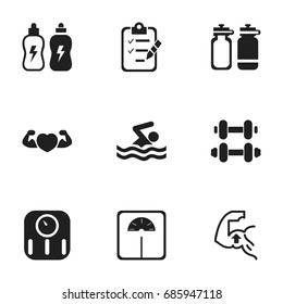 Set Of 9 Editable Training Icons. Includes Symbols Such As Muscle, Hand Barbell, Fitness Drink. Can Be Used For Web, Mobile, UI And Infographic Design.