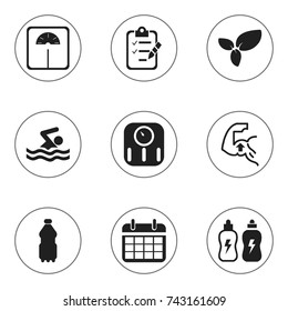 Set Of 9 Editable Training Icons. Includes Symbols Such As Muscle, Scales, Sport Water And More. Can Be Used For Web, Mobile, UI And Infographic Design.