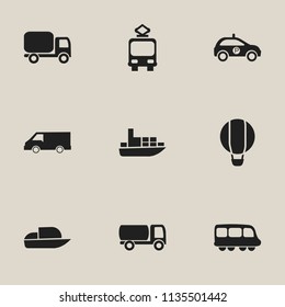 Set of 9 editable transport icons. Includes symbols such as air balloon, boat, delivery and more. Can be used for web, mobile, UI and infographic design.