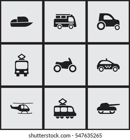 Set Of 9 Editable Transport Icons. Includes Symbols Such As Yacht, Cable Railway, Chopper And More. Can Be Used For Web, Mobile, UI And Infographic Design.