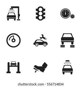 Set Of 9 Editable Transport Icons. Includes Symbols Such As Auto Repair, Stoplight, Vehicle Wash And More. Can Be Used For Web, Mobile, UI And Infographic Design.