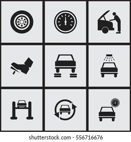 Set Of 9 Editable Transport Icons. Includes Symbols Such As Automobile, Tuning Auto, Auto Service And More. Can Be Used For Web, Mobile, UI And Infographic Design.