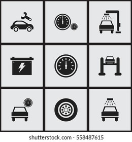 Set Of 9 Editable Transport Icons. Includes Symbols Such As Tire, Vehicle Wash, Battery And More. Can Be Used For Web, Mobile, UI And Infographic Design.