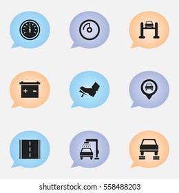 Set Of 9 Editable Transport Icons. Includes Symbols Such As Vehicle Wash, Treadle, Speed Control And More. Can Be Used For Web, Mobile, UI And Infographic Design.