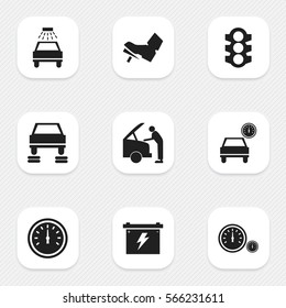 Set Of 9 Editable Transport Icons. Includes Symbols Such As Car Lave, Battery, Treadle And More. Can Be Used For Web, Mobile, UI And Infographic Design.