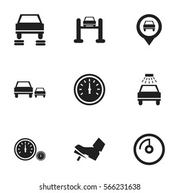 Set Of 9 Editable Transport Icons. Includes Symbols Such As Speed Control, Pointer, Treadle And More. Can Be Used For Web, Mobile, UI And Infographic Design.