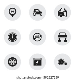 Set Of 9 Editable Transport Icons. Includes Symbols Such As Tuning Auto, Car Fixing, Tire And More. Can Be Used For Web, Mobile, UI And Infographic Design.