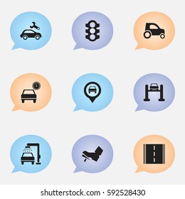 Set Of 9 Editable Transport Icons. Includes Symbols Such As Vehicle Car, Automobile, Treadle And More. Can Be Used For Web, Mobile, UI And Infographic Design.