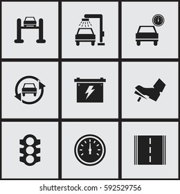 Set Of 9 Editable Transport Icons. Includes Symbols Such As Vehicle Wash, Automobile, Highway And More. Can Be Used For Web, Mobile, UI And Infographic Design.