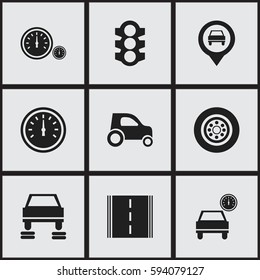 Set Of 9 Editable Transport Icons. Includes Symbols Such As Stoplight, Pointer, Tire And More. Can Be Used For Web, Mobile, UI And Infographic Design.