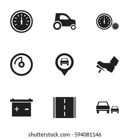 Set Of 9 Editable Transport Icons. Includes Symbols Such As Speed Display, Pointer, Accumulator And More. Can Be Used For Web, Mobile, UI And Infographic Design.