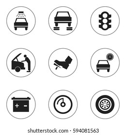 Set Of 9 Editable Transport Icons. Includes Symbols Such As Car Fixing, Stoplight, Automobile And More. Can Be Used For Web, Mobile, UI And Infographic Design.