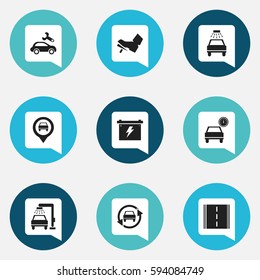 Set Of 9 Editable Transport Icons. Includes Symbols Such As Automobile, Tuning Auto, Treadle And More. Can Be Used For Web, Mobile, UI And Infographic Design.