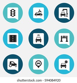 Set Of 9 Editable Transport Icons. Includes Symbols Such As Vehicle Wash, Auto Service, Pointer And More. Can Be Used For Web, Mobile, UI And Infographic Design.