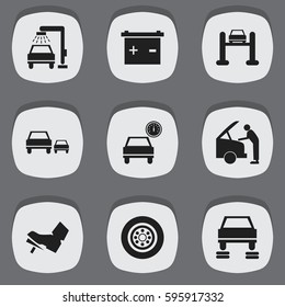 Set Of 9 Editable Transport Icons. Includes Symbols Such As Auto Service, Treadle, Race And More. Can Be Used For Web, Mobile, UI And Infographic Design.
