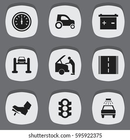 Set Of 9 Editable Transport Icons. Includes Symbols Such As Highway, Vehicle Car, Auto Service And More. Can Be Used For Web, Mobile, UI And Infographic Design.