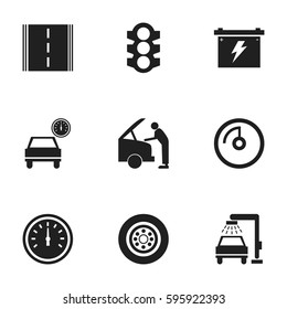 Set Of 9 Editable Transport Icons. Includes Symbols Such As Automobile, Speed Display, Highway And More. Can Be Used For Web, Mobile, UI And Infographic Design.