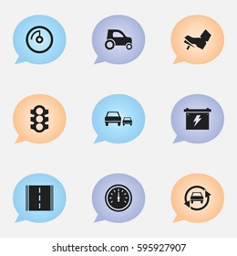 Set Of 9 Editable Transport Icons. Includes Symbols Such As Highway, Battery, Speed Control And More. Can Be Used For Web, Mobile, UI And Infographic Design.
