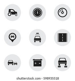 Set Of 9 Editable Transport Icons. Includes Symbols Such As Car Lave, Vehicle Car, Pointer And More. Can Be Used For Web, Mobile, UI And Infographic Design.