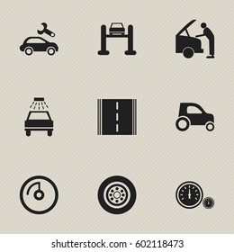 Set Of 9 Editable Transport Icons. Includes Symbols Such As Highway, Speedometer, Speed Display And More. Can Be Used For Web, Mobile, UI And Infographic Design.