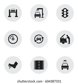 Set Of 9 Editable Transport Icons. Includes Symbols Such As Speed Display, Vehicle Wash, Highway And More. Can Be Used For Web, Mobile, UI And Infographic Design.